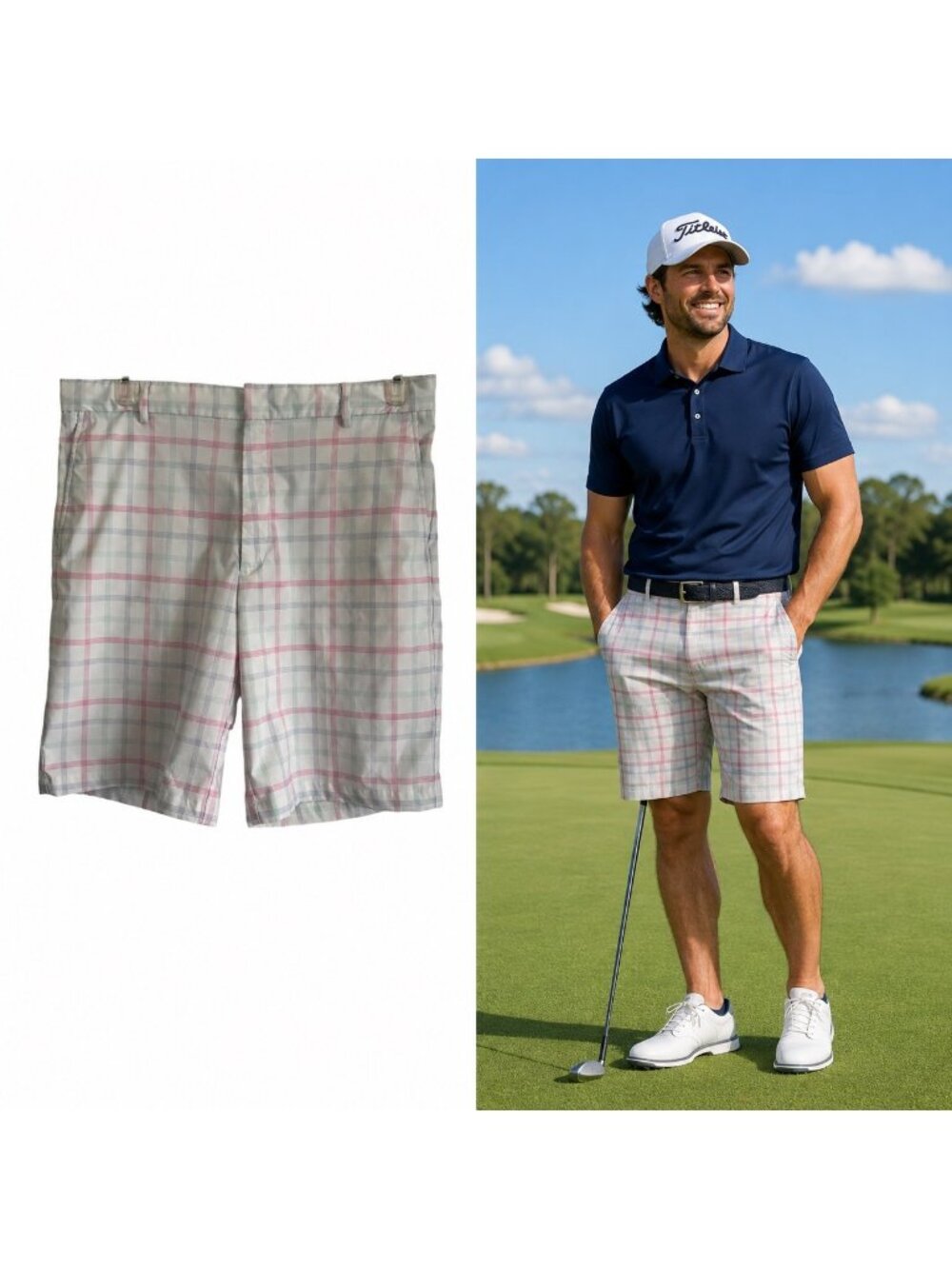 Walter Hagen Mens Plaid Golf Shorts W35 Polyester Blend Pink & Blue Resort